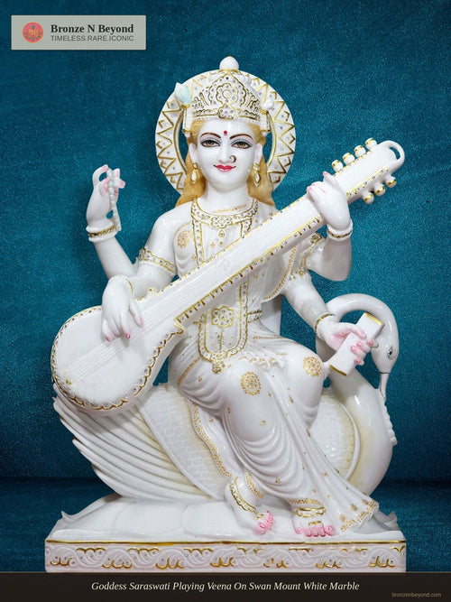 Goddess Saraswati Playing Veena On Swan Mount White Marble