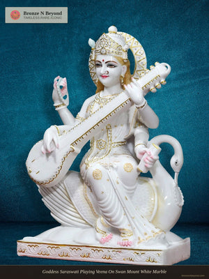 Goddess Saraswati Playing Veena On Swan Mount White Marble