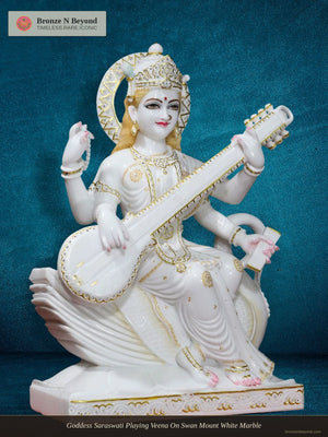 Goddess Saraswati Playing Veena On Swan Mount White Marble