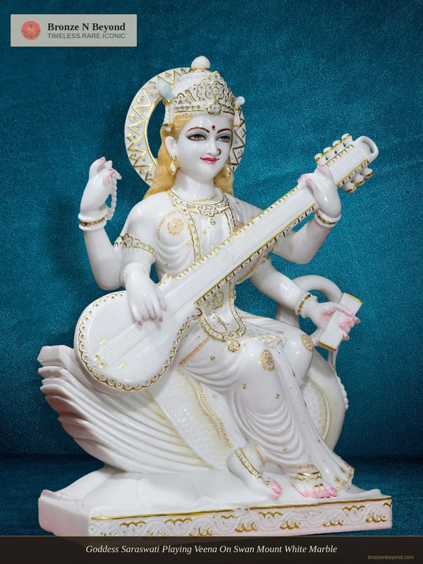 Goddess Saraswati Playing Veena On Swan Mount White Marble