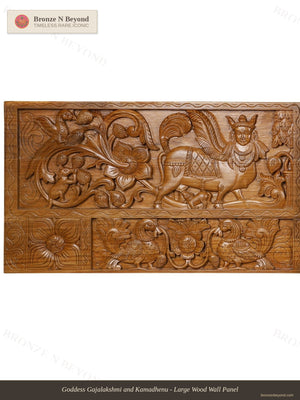 Goddess Gajalakshmi and Kamadhenu - Large Wood Wall Panel