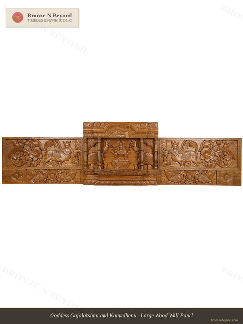 Goddess Gajalakshmi and Kamadhenu- Large Wood Wall Panel 
