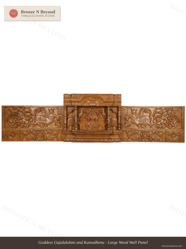 Goddess Gajalakshmi and Kamadhenu- Large Wood Wall Panel 