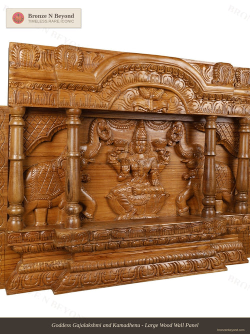 Goddess Gajalakshmi and Kamadhenu - Large Wood Wall Panel
