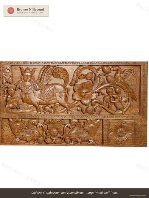 Goddess Gajalakshmi and Kamadhenu - Large Wood Wall Panel
