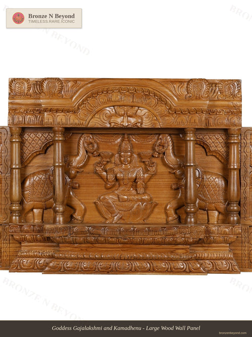 Goddess Gajalakshmi and Kamadhenu - Large Wood Wall Panel