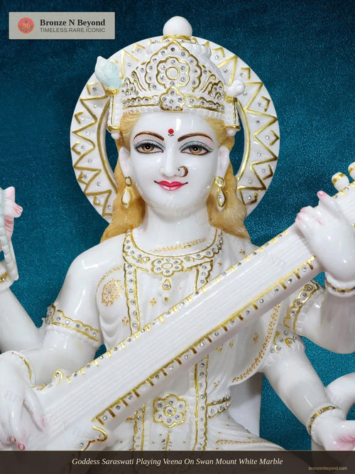 Goddess Saraswati Playing Veena On Swan Mount White Marble