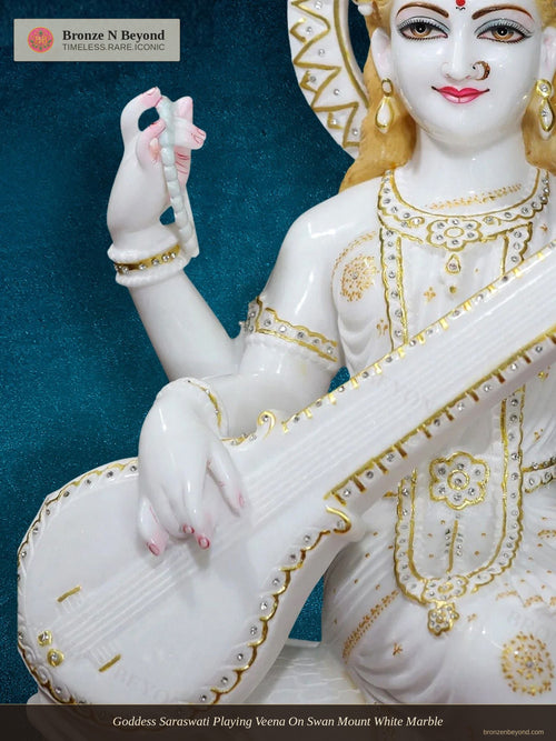 Goddess Saraswati Playing Veena On Swan Mount White Marble