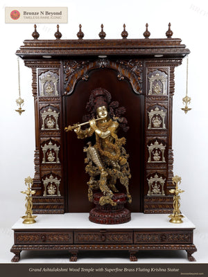Grand Ashtalakshmi Wood Temple with Superfine Brass Fluting Krishna Statue