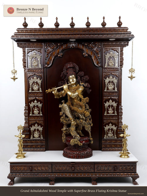 Grand Ashtalakshmi Wood Temple with Superfine Brass Fluting Krishna Statue