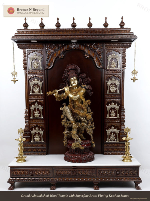 Grand Ashtalakshmi Wood Temple with Superfine Brass Fluting Krishna Statue