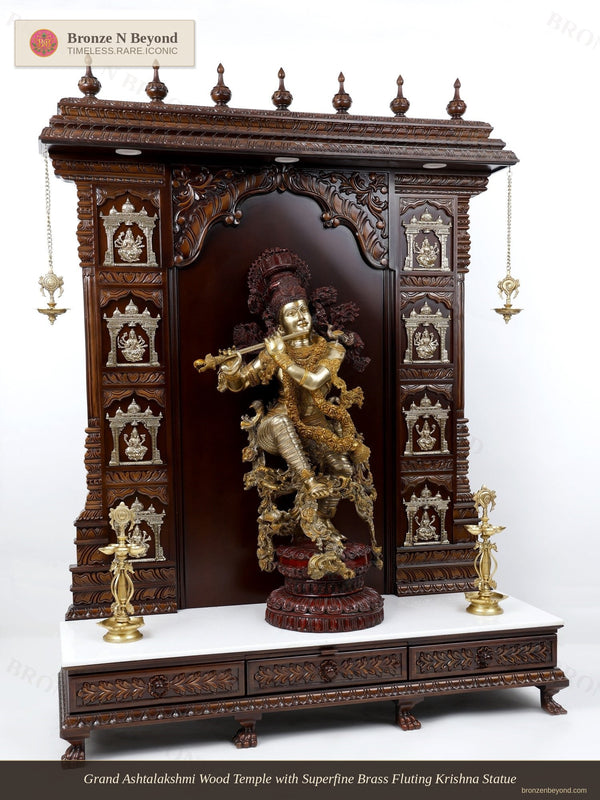 Grand Ashtalakshmi Wood Temple with Superfine Brass Fluting Krishna Statue