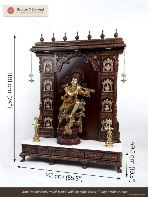 Grand Ashtalakshmi Wood Temple with Superfine Brass Fluting Krishna Statue