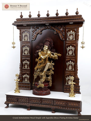 Grand Ashtalakshmi Wood Temple with Superfine Brass Fluting Krishna Statue
