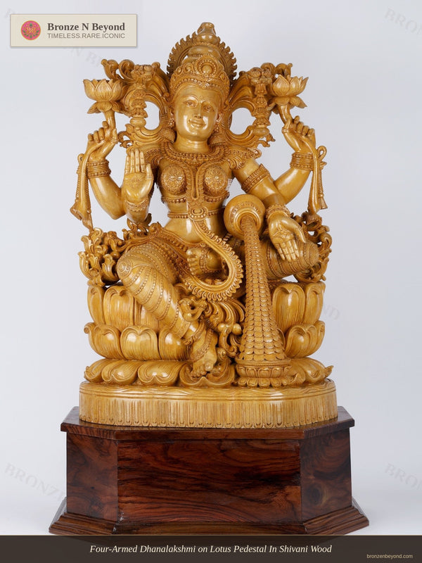 Four-Armed Dhanalakshmi on Lotus Pedestal In Shivani Wood