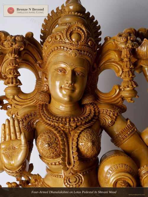 Four-Armed Dhanalakshmi on Lotus Pedestal In Shivani Wood