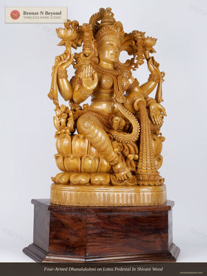Four-Armed Dhanalakshmi on Lotus Pedestal In Shivani Wood