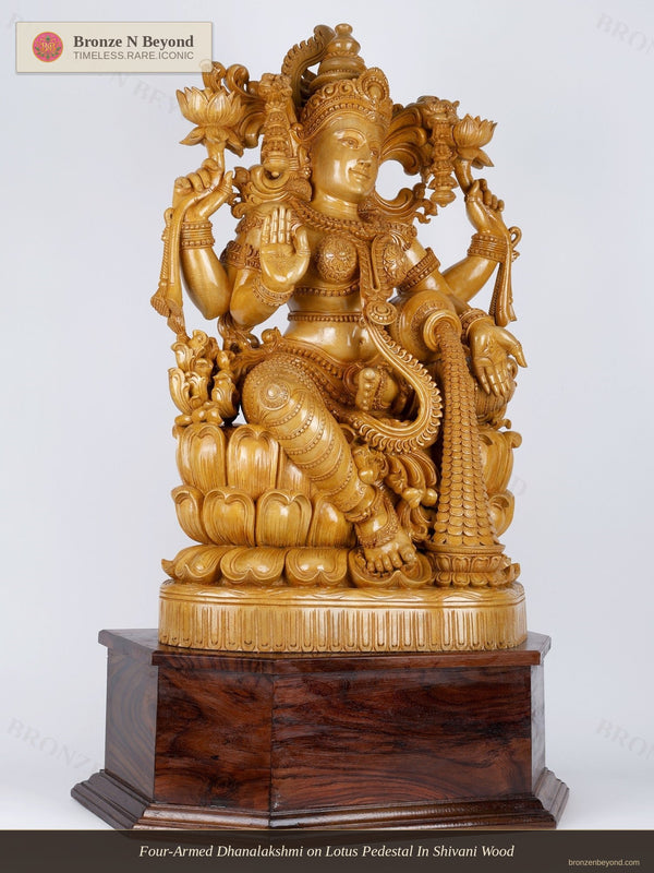 Four-Armed Dhanalakshmi on Lotus Pedestal In Shivani Wood