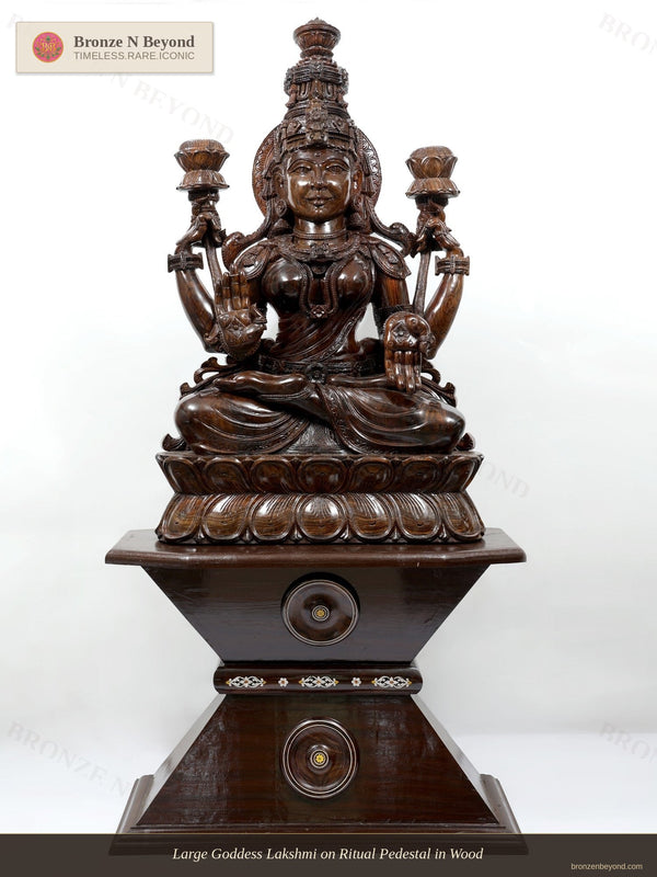Large Goddess Lakshmi on Ritual Pedestal in Wood