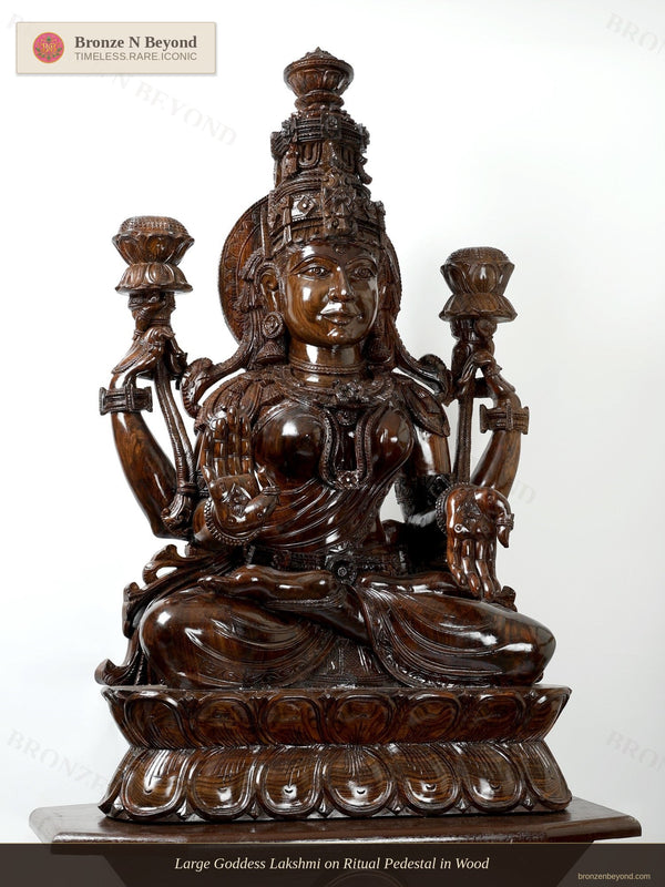 Large Goddess Lakshmi on Ritual Pedestal in Wood