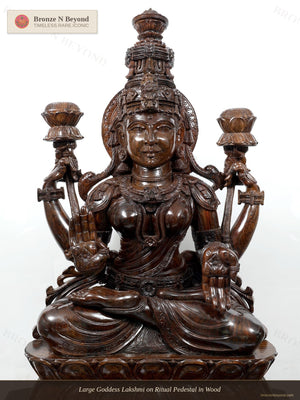 Large Goddess Lakshmi on Ritual Pedestal in Wood