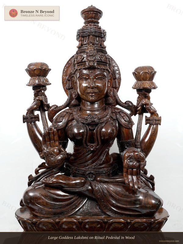 Large Goddess Lakshmi on Ritual Pedestal in Wood