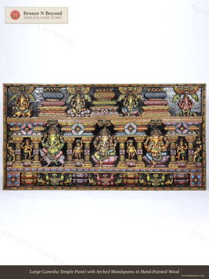 Large Ganesha Temple Panel with Arched Mandapams in Hand-Painted Wood