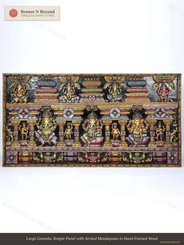 Large Ganesha Temple Panel with Arched Mandapams in Hand-Painted Wood