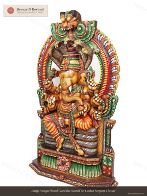 Large Vaagai Wood Ganesha Seated on Coiled Serpent Throne
