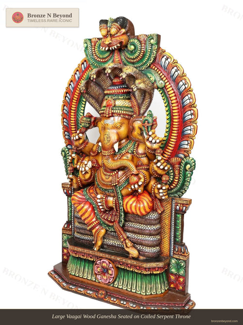 Large Vaagai Wood Ganesha Seated on Coiled Serpent Throne