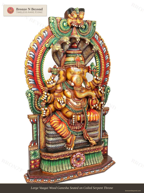 Large Vaagai Wood Ganesha Seated on Coiled Serpent Throne