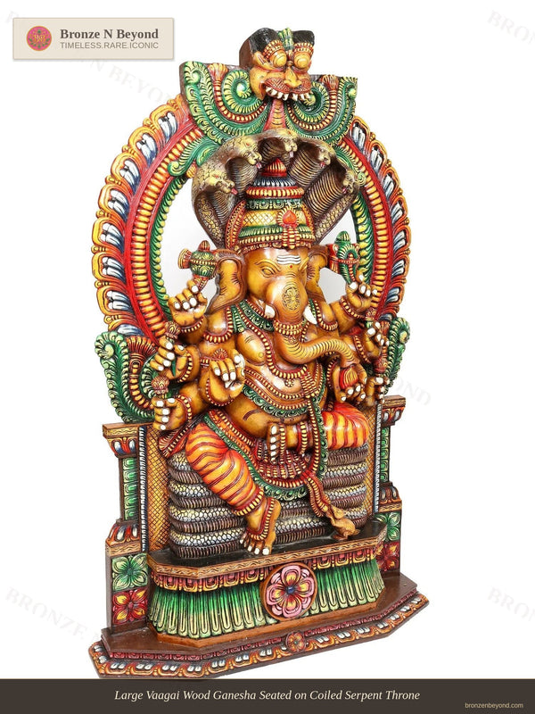 Large Vaagai Wood Ganesha Seated on Coiled Serpent Throne