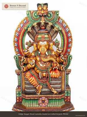 Large Vaagai Wood Ganesha Seated on Coiled Serpent Throne