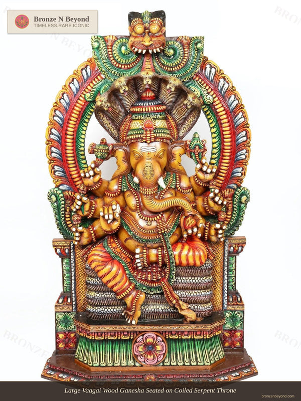 Large Vaagai Wood Ganesha Seated on Coiled Serpent Throne