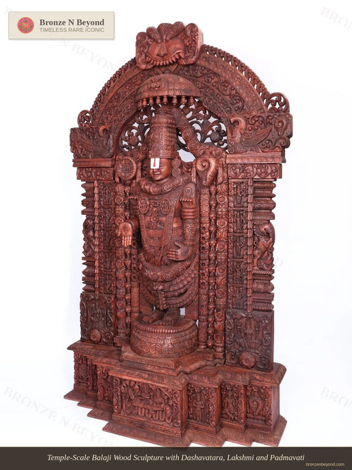 Temple-Scale Balaji Wood Sculpture with Dashavatara, Lakshmi and Padmavati