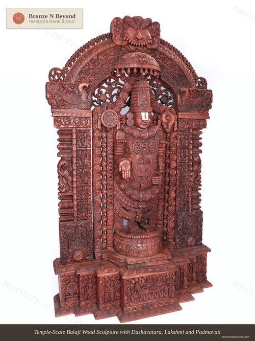 Temple-Scale Balaji Wood Sculpture with Dashavatara, Lakshmi and Padmavati