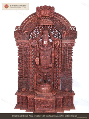 Temple-Scale Balaji Wood Sculpture with Dashavatara, Lakshmi and Padmavati
