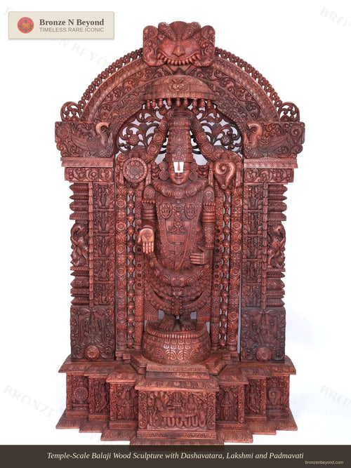 Temple-Scale Balaji Wood Sculpture with Dashavatara, Lakshmi and Padmavati