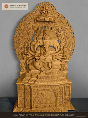 Large Wooden Ten-Armed Mahaganapati with Carved Pedestal and Aureole