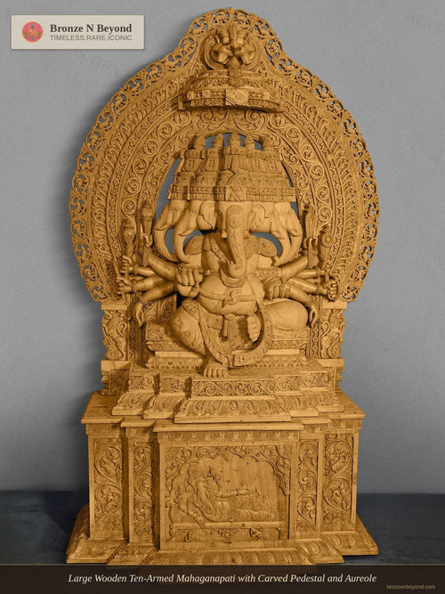 Large Wooden Ten-Armed Mahaganapati with Carved Pedestal and Aureole