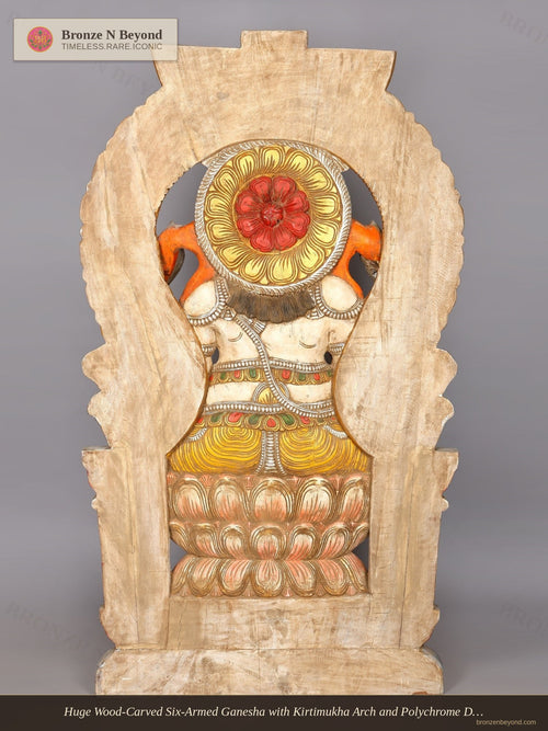 Huge Wood-Carved Six-Armed Ganesha with Kirtimukha Arch and Polychrome Detail