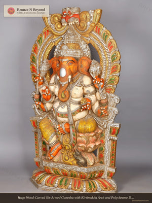 Wood Carved Six Armed Lord Ganesha Statue on Kirtimukha Throne 