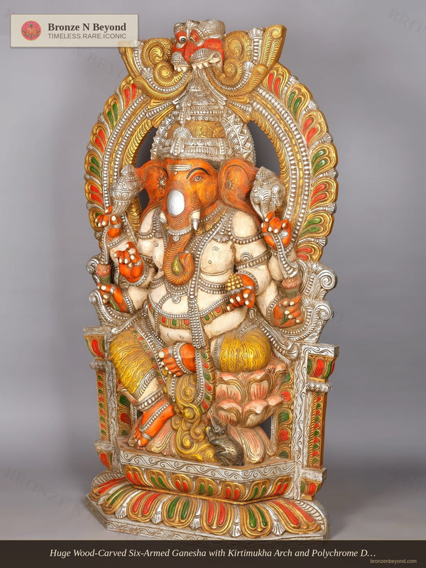 Wood Carved Six Armed Lord Ganesha Statue on Kirtimukha Throne 