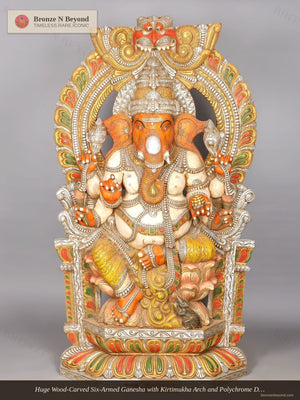 Six Armed Lord Ganesha on Kirtimukha Throne Wood Carved