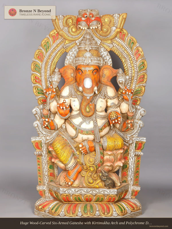 Six Armed Lord Ganesha on Kirtimukha Throne Wood Carved