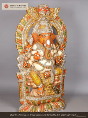 Wood Carved Six Armed Lord Ganesha Statue