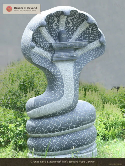 Granite Shiva Lingam with Multi-Hooded Naga Canopy