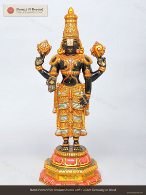 Hand-Painted Sri Venkateshwara with Golden Detailing in Wood