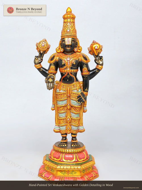 Hand-Painted Sri Venkateshwara with Golden Detailing in Wood