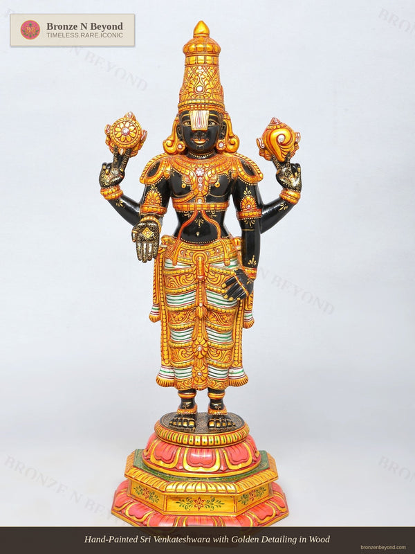 Hand-Painted Sri Venkateshwara with Golden Detailing in Wood